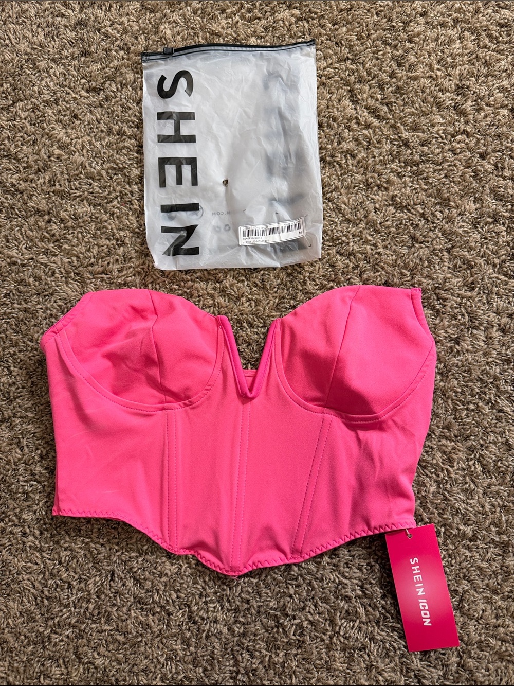 SHEIN Hot Pink Strapless V-Notch Corset Bustier Top